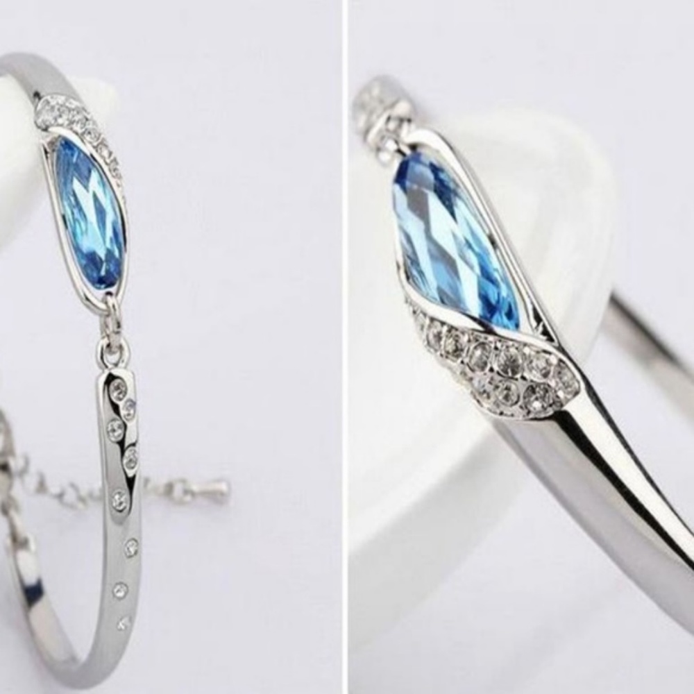 Rhinestone Blue Crystal Silver Bangle Bracelet - Picture 2 of 6